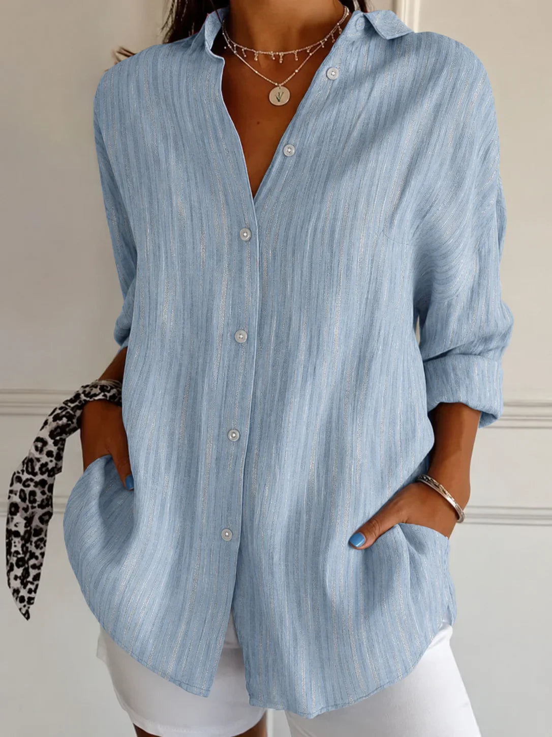 Blue Thin Stripe Shirt Collar Long Sleeve Loose Button Down Shirt For Women