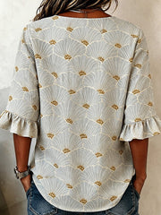 Light Green Ginkgo Leaf Print V-Neck Ruffle Half Sleeve Casual Blouse For Women