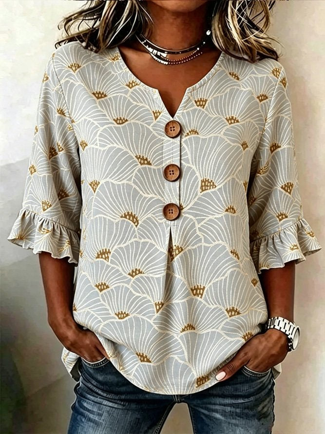 Light Green Ginkgo Leaf Print V-Neck Ruffle Half Sleeve Casual Blouse For Women