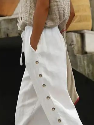 White Drawstring Waist Side Metal Button Linen Cropped Casual Pants For Women
