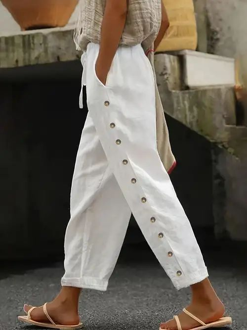 White Drawstring Waist Side Metal Button Linen Cropped Casual Pants For Women