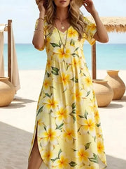 Yellow Plumeria Floral V-Neck Short Sleeve Side Split H-Line Maxi Dress For Women