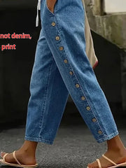 Blue Faux Denim Print Drawstring Waist Side Button H-Line Baggy Cropped Pants For Women
