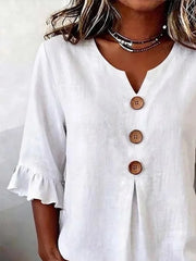 White Split V-Neck Ruffle Half Sleeve Wooden Button Peplum Linen Blouse For Women