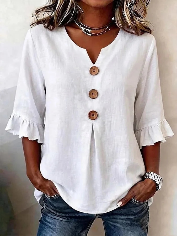 White Split V-Neck Ruffle Half Sleeve Wooden Button Peplum Linen Blouse For Women