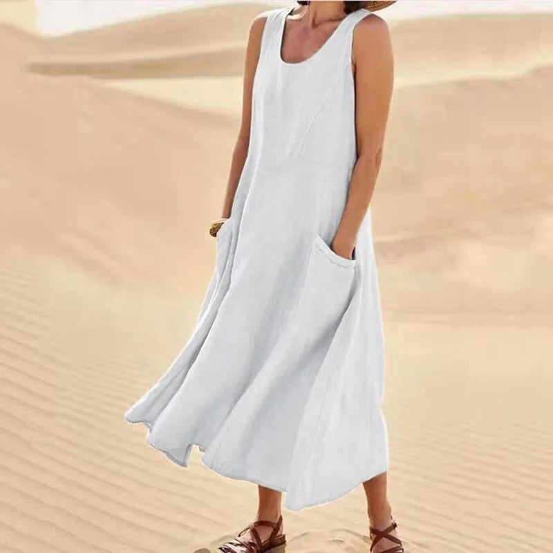 Sleeveless Round Neck Patch Pocket Linen Blend A-Line Maxi Dress For Women