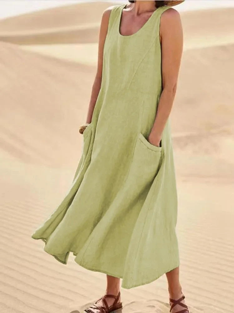Sleeveless Round Neck Patch Pocket Linen Blend A-Line Maxi Dress For Women