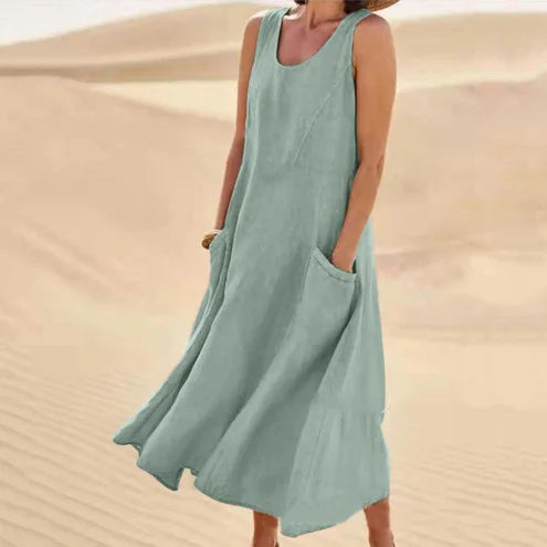 Sleeveless Round Neck Patch Pocket Linen Blend A-Line Maxi Dress For Women