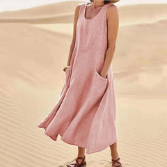Sleeveless Round Neck Patch Pocket Linen Blend A-Line Maxi Dress For Women