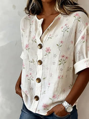 Apricot Pink Floral Print Stand Collar V-Neck Rolled Short Sleeve Linen Blend Blouse For Women