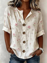 Apricot Pink Floral Print Stand Collar V-Neck Rolled Short Sleeve Linen Blend Blouse For Women