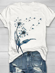 White Blue Watercolor Dandelion Print Crew Neck Short Sleeve Casual T-Shirt For Women