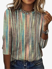 Khaki Multicolor Vertical Contrast Stripe Crew Neck Three-Quarter Sleeve Casual Blouse For Women