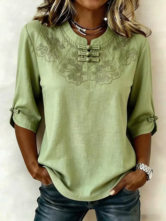 Green Chinese Frog Button Floral Embroidery Stand Collar Three-Quarter Sleeve Linen Blend Blouse For Women