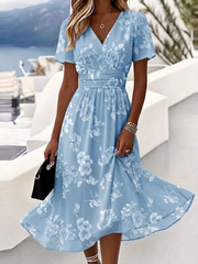 Light Blue White Floral Wrap V-Neck Short Sleeve Elastic Waist Boho Midi Dress For Women