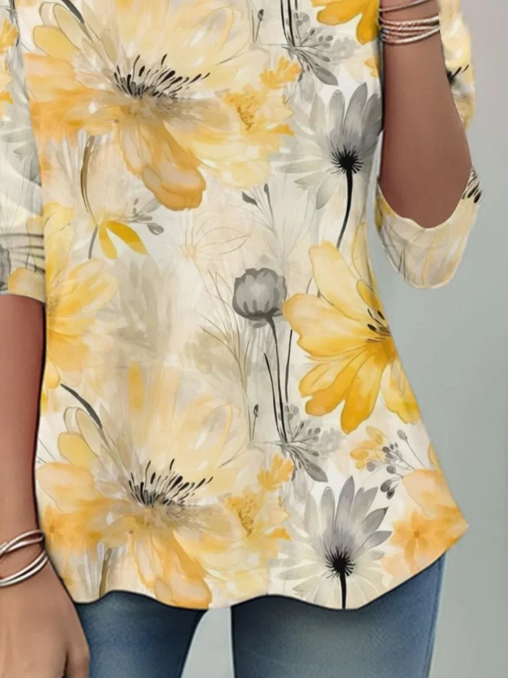 Yellow Watercolor Floral Crew Neck Three-Quarter Sleeve Jersey Casual T-Shirt For Women