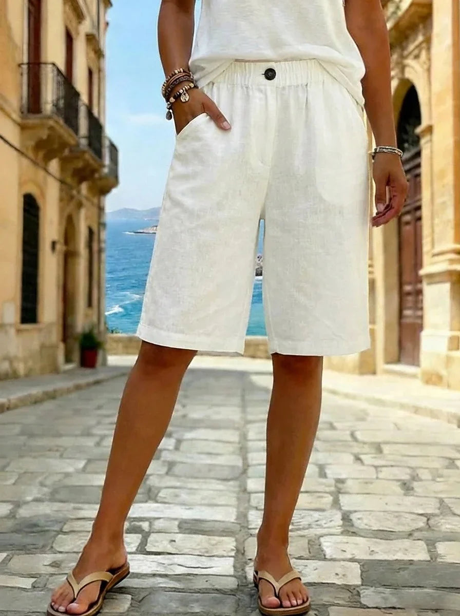 White Elastic Drawstring Waist Single Button Cotton Blend Loose Knee-Length Bermuda Shorts For Women