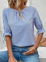 Blue White Vertical Striped Crew Neck Ruffle Half Sleeve Back Button Curved Hem Elegant Work Blouse For Women