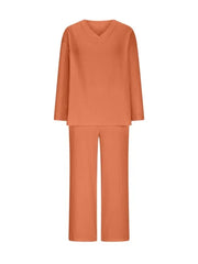 Orange Textured V-Neck Long Sleeve Top & Wide Leg Cropped Pants Two Piece Matching Linen Set For Women