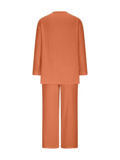 Orange Textured V-Neck Long Sleeve Top & Wide Leg Cropped Pants Two Piece Matching Linen Set For Women