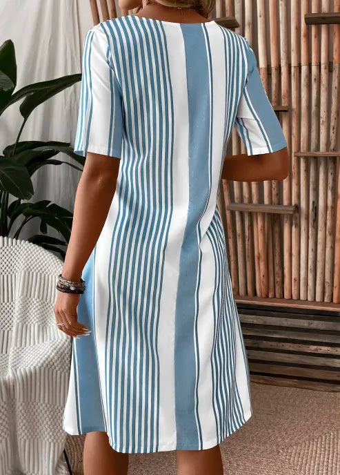 Light Blue White Vertical Stripe Round Neck Short Sleeve Side Pocket Loose Shift Midi Dress For Women