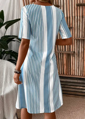 Light Blue White Vertical Stripe Round Neck Short Sleeve Side Pocket Loose Shift Midi Dress For Women