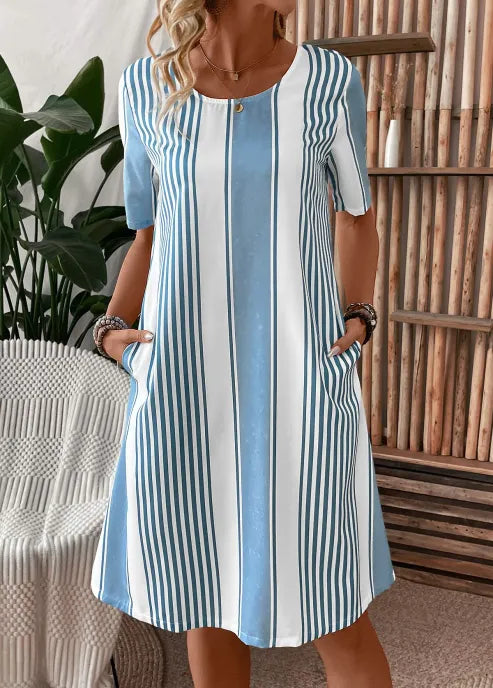 Light Blue White Vertical Stripe Round Neck Short Sleeve Side Pocket Loose Shift Midi Dress For Women