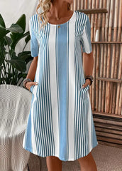 Light Blue White Vertical Stripe Round Neck Short Sleeve Side Pocket Loose Shift Midi Dress For Women