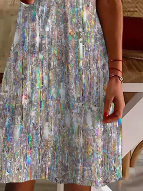 Holographic Sequin Print V-Neck Short Sleeve Loose Casual Mini Tank Dress For Women