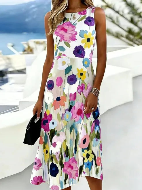 White Base Multicolor Watercolor Floral Round Neck Sleeveless Flowy A-Line Midi Summer Sundress For Women