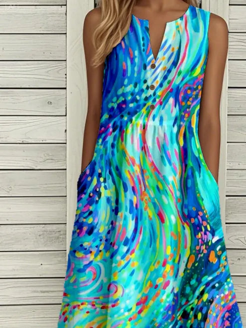 Blue Swirl Abstract Art Print Notched V-Neck Sleeveless Side Pocket Loose Midi Dress For Women