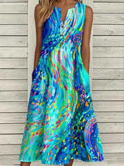 Blue Swirl Abstract Art Print Notched V-Neck Sleeveless Side Pocket Loose Midi Dress For Women