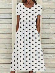White Black Polka Dot Crew Neck Short Sleeve Gathered Waist Side Pocket Loose H-Line Maxi Shift Dress For Women