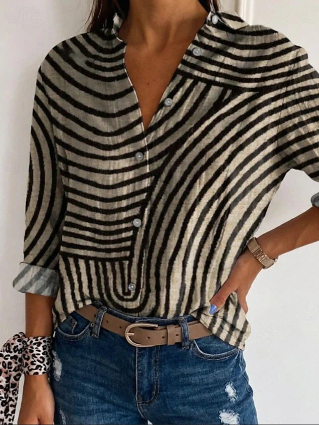 Gray Black Irregular Curved Stripe Lapel Collar Roll Sleeve Button Down Linen Feel Casual Shirt For Women