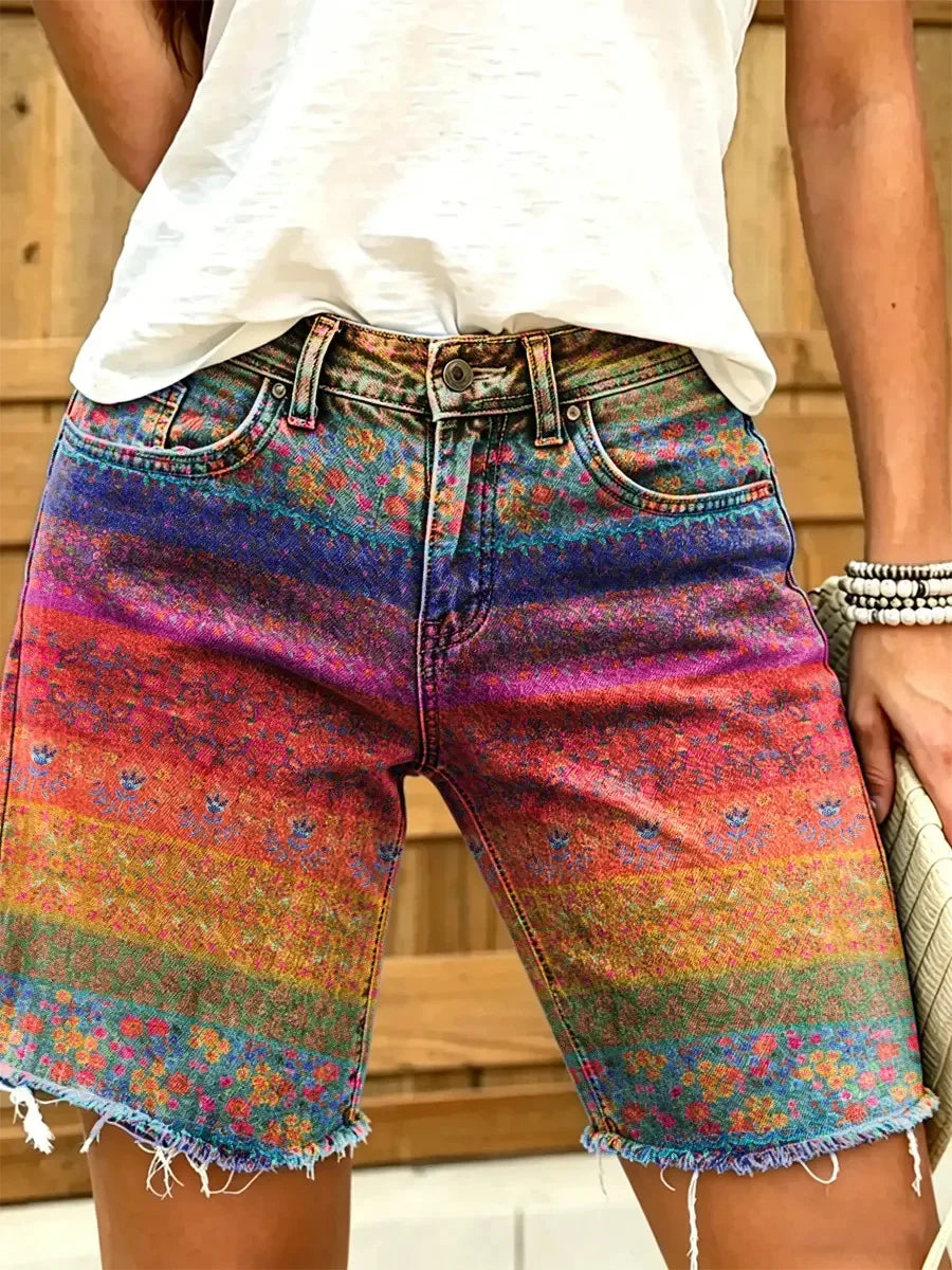 Ethnic Style Colorful Striped Floral Pattern Women's Art Print Casual Denim Shorts