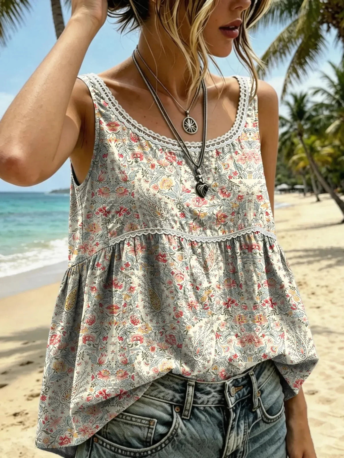 Women's Ethnic Floral-print Artistic Lace Crew-neck Tank Top Share on Facebook