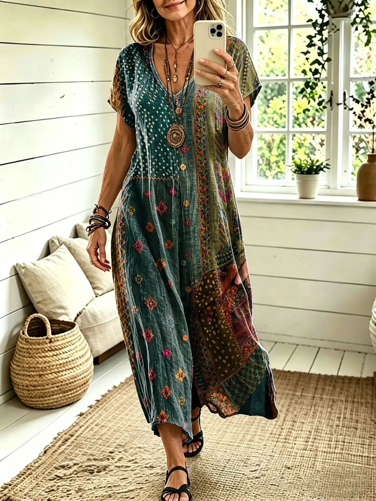 Women's Bohemian Colorful Textured Patchwork Art Print Cotton Dress with Pockets