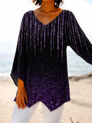 Black Purple Ombre Starry Glitter V-Neck Long Sleeve Asymmetrical Pointed Hem Loose Women Blouse
