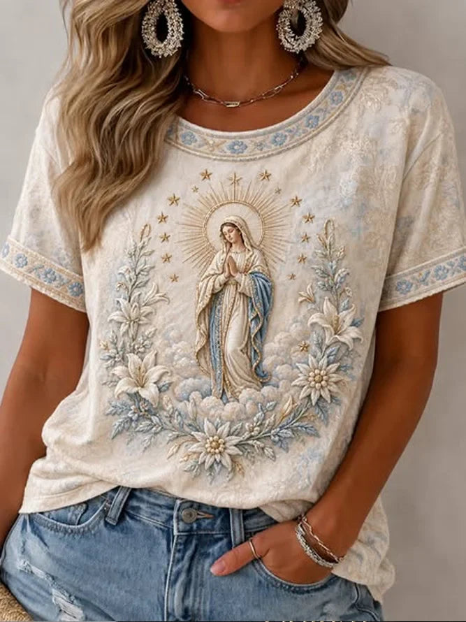 Vintage Madonna Floral Wreath Print Crew Neck Short Sleeve Casual Women T-Shirt