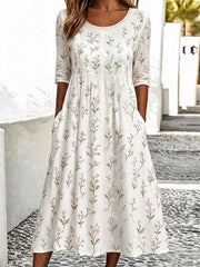White Delicate Floral Print Crew Neck Half Sleeve Gathered Waist H-Line Midi Summer Dress With Side Pockets