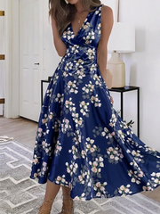 Navy Floral Surplice V-Neck Sleeveless Ruched Waist Flowy A-Line Midi Summer Dress For Women