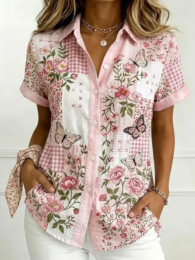 Pink Patchwork Gingham Floral Butterfly Print Short Sleeve Micro-Elastic Regular Fit Women Button Shirt