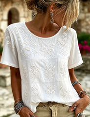 White Floral Embroidered Crew Neck Short Sleeve Tee