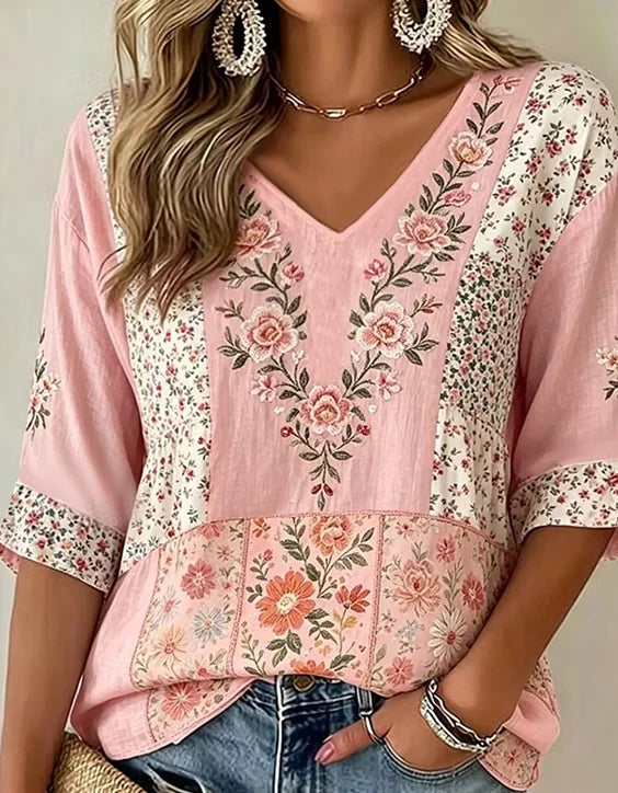 Pink Patchwork Floral V-Neck Half Sleeve Blouse