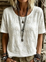 White Floral Embroidered Crew Neck Short Sleeve T-Shirt