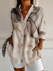 Gradient Wave Print Collared Loose Long Sleeve Shirt