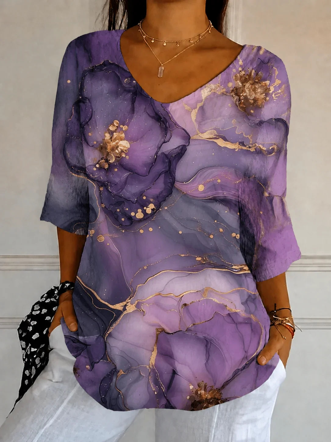 Purple Marble Floral V-Neck 3/4 Sleeve Tee