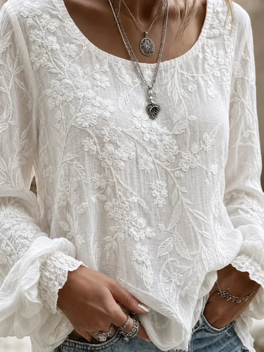 White Floral Embroidered Crew Neck Loose Blouse