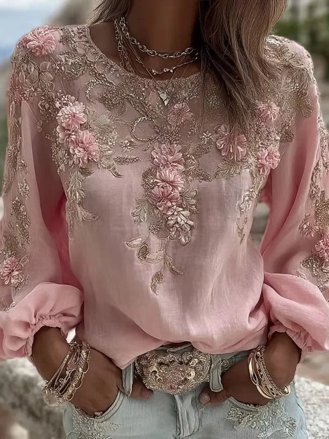 Pink 3D Floral Embroidered Crew Neck Loose Blouse