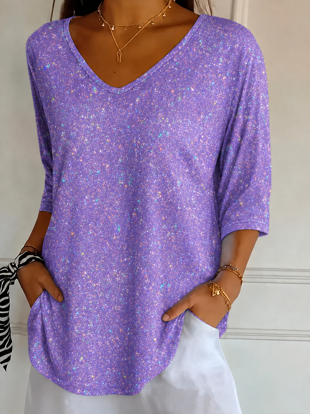 Purple Sparkly V-Neck 3/4 Sleeve T-Shirt